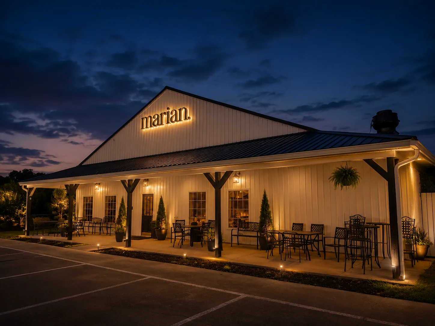Marian Cocktails & Kitchen exterior at dusk in Benson NC