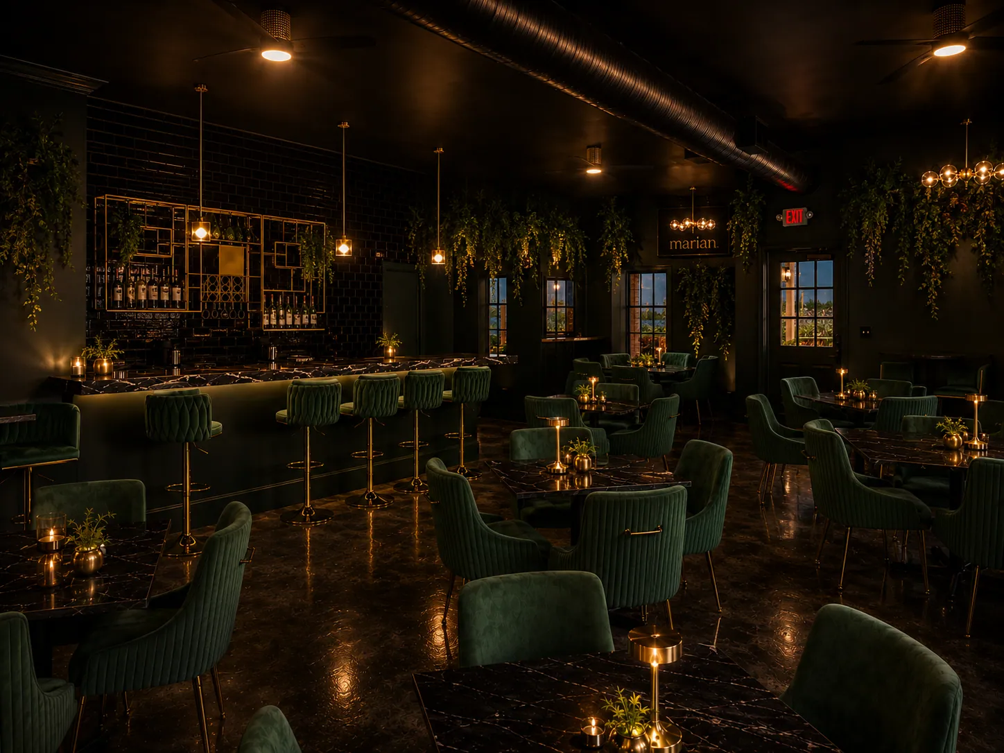 Marian interior with hanging greenery and candlelit tables