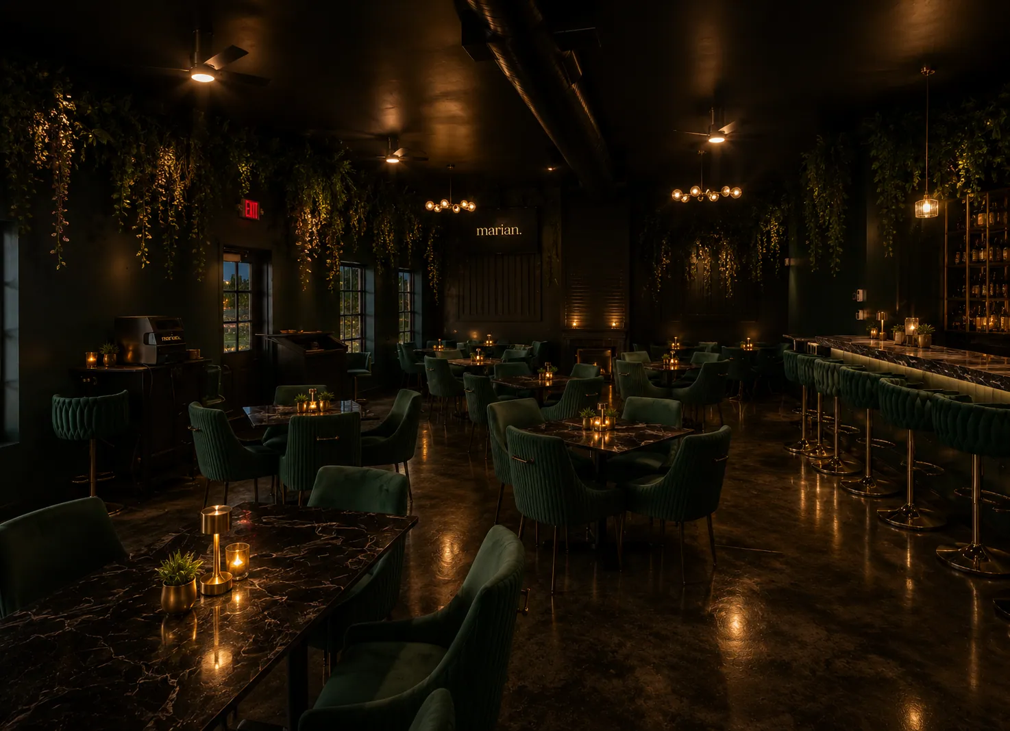 Marian dining room with green velvet seating in Benson NC