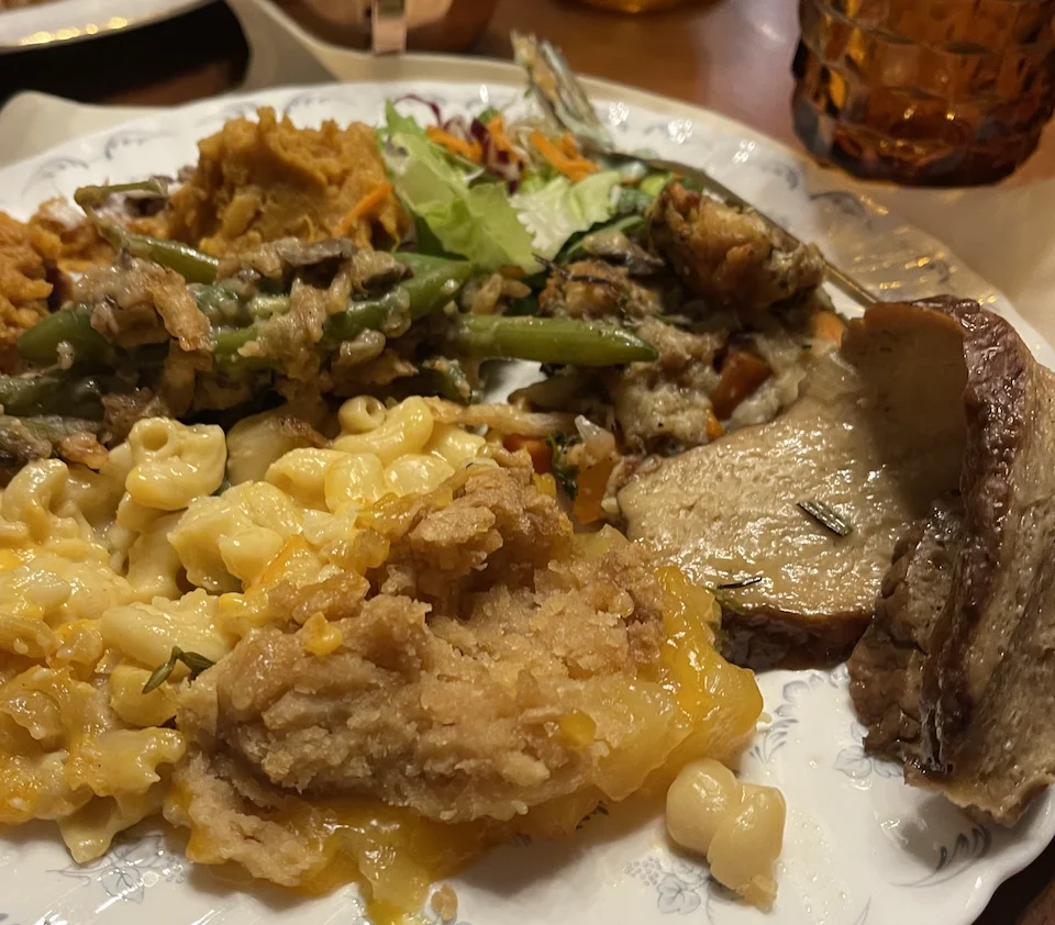A generous Thanksgiving plate with housemade turkey and Southern sides
